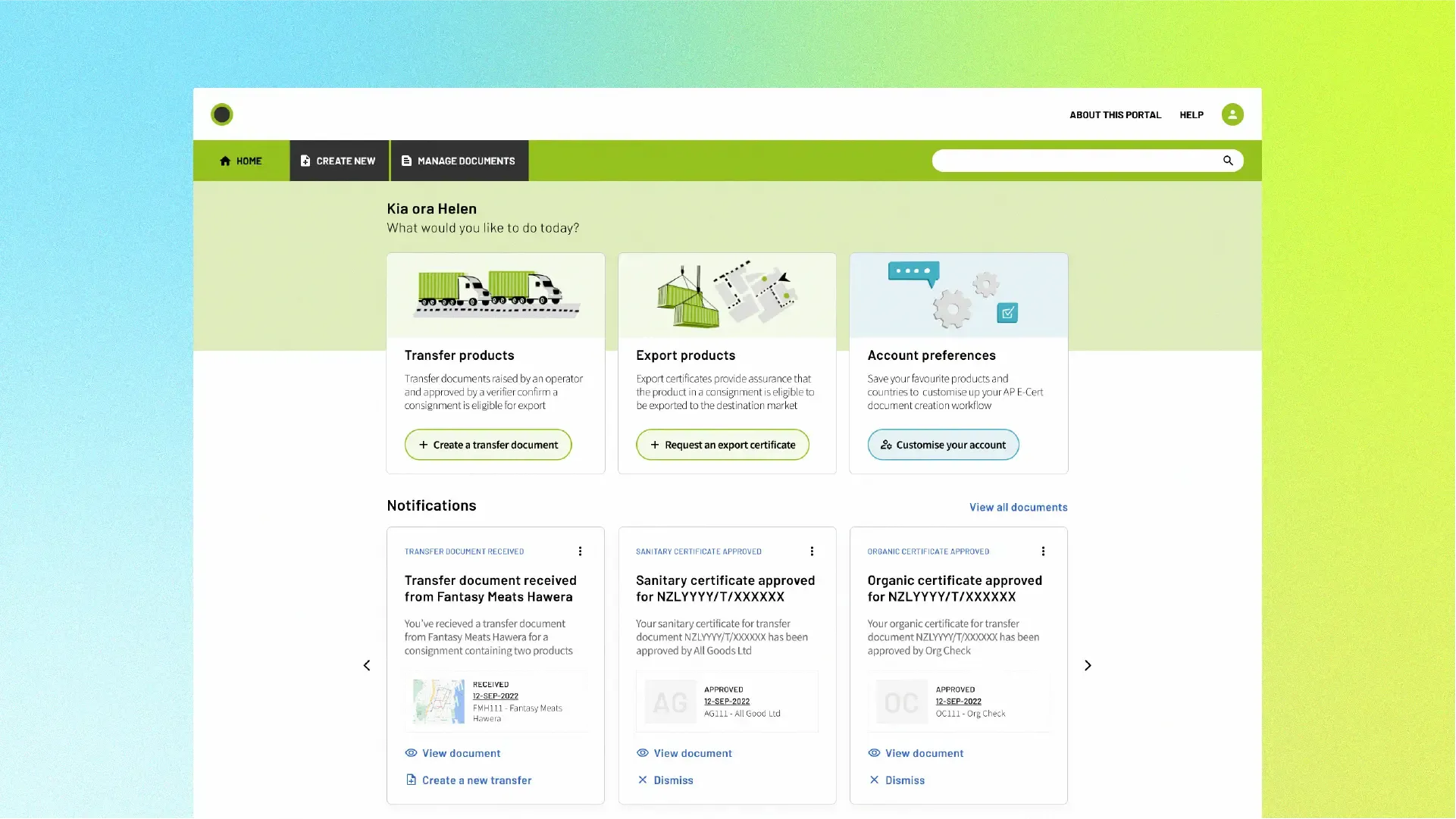 Wireframe screen showing the export certification dashboard