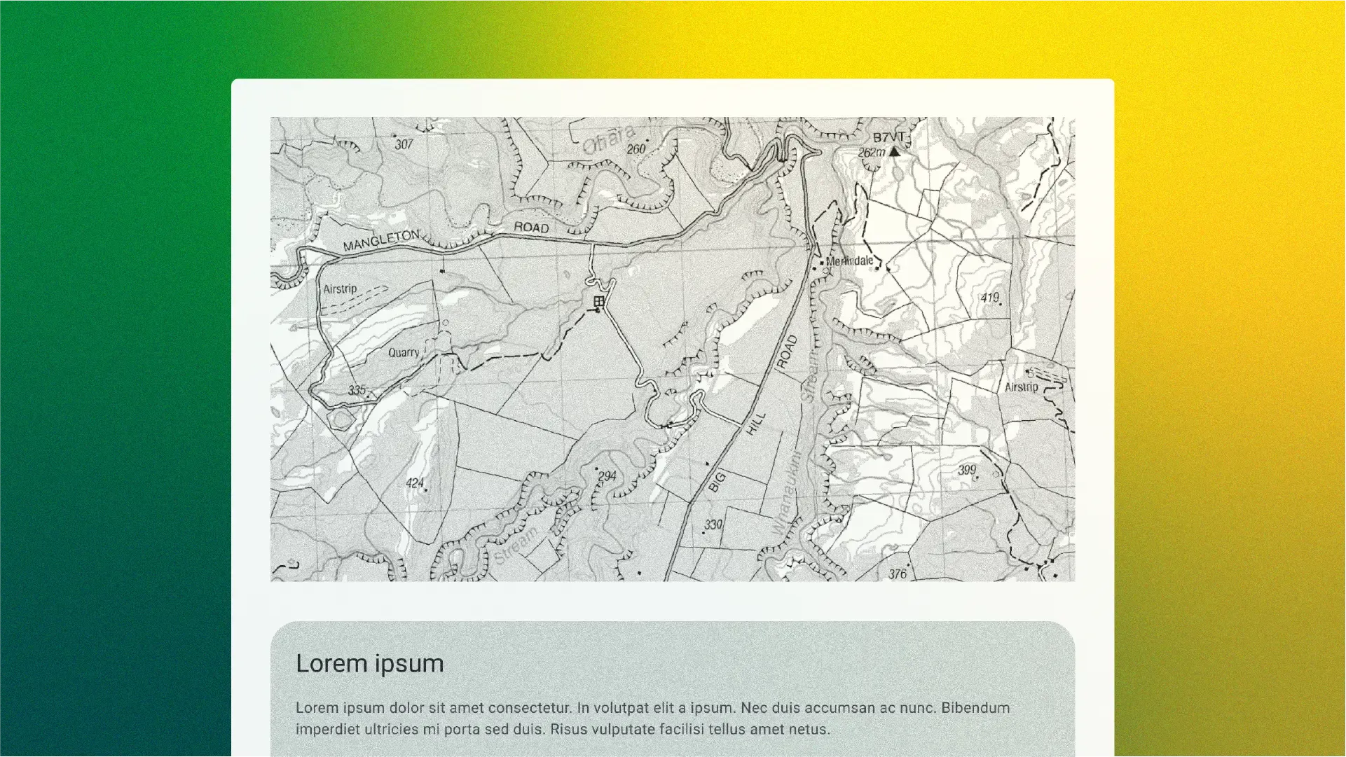 Low fidelity wireframe of a screen with a map and some placeholder text