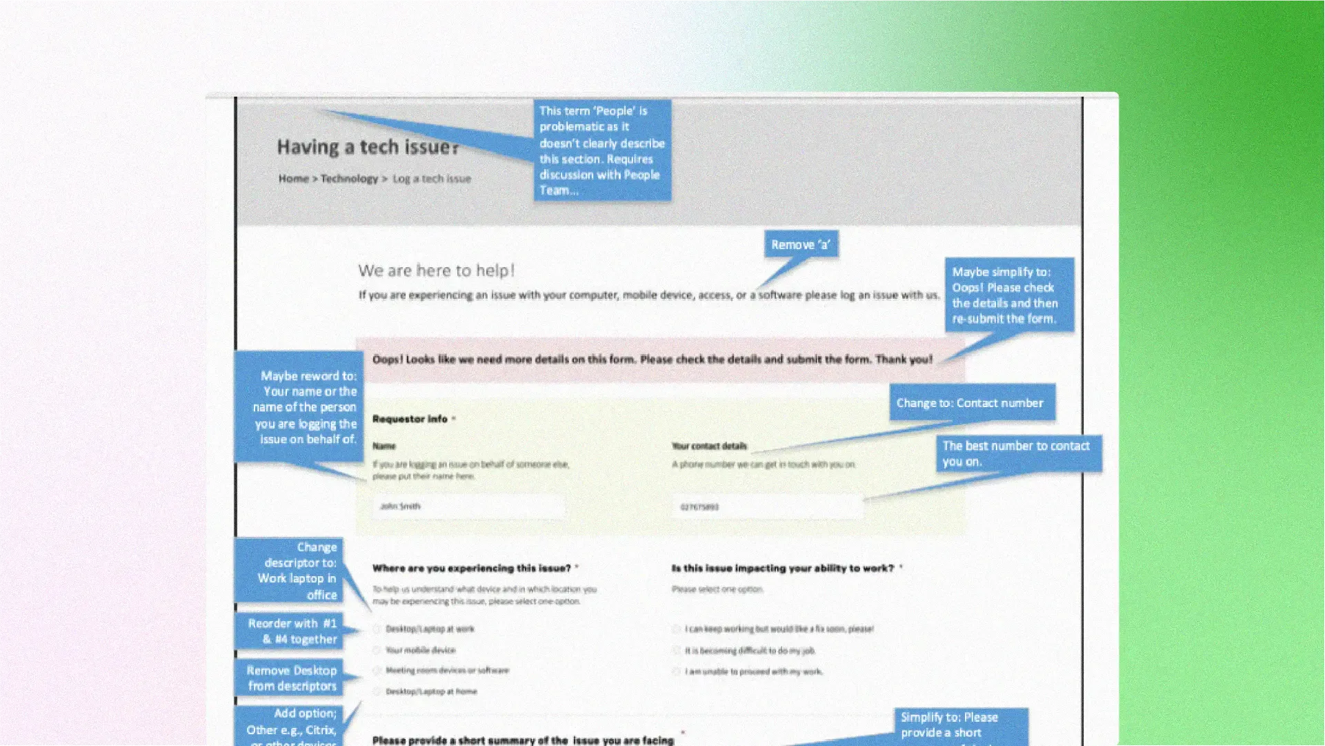 A screenshot of a low fidelity form with annotions from user feedback
