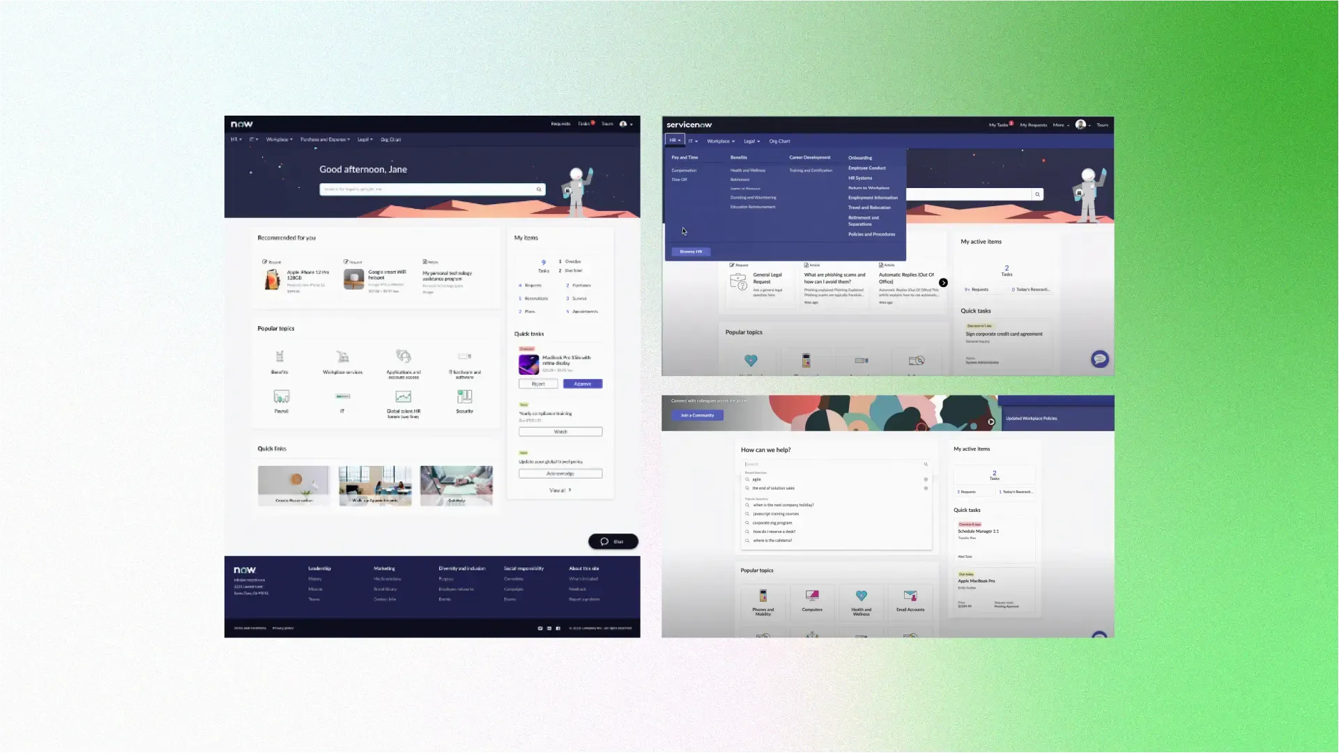 Screenshots of default views of ServiceNow portal versions