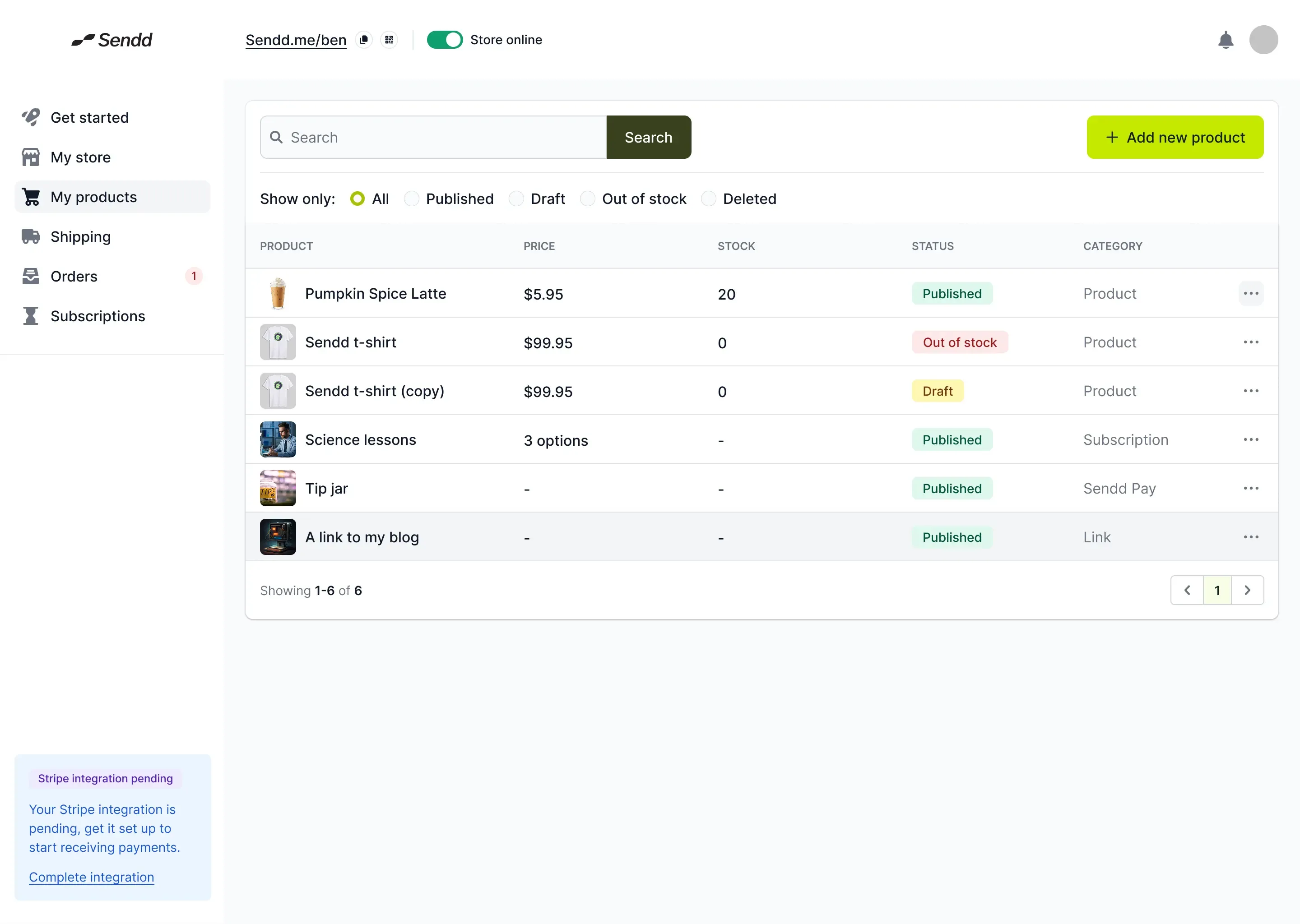 A wireframe screen of product management page where you can administer the products in your store