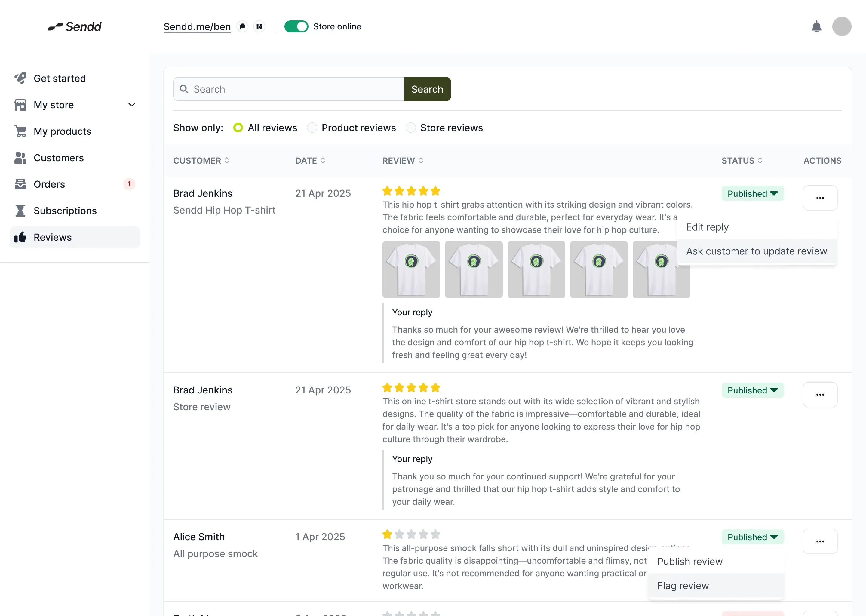 A wireframe screen of review management page where you can manage the reviews being received by your store