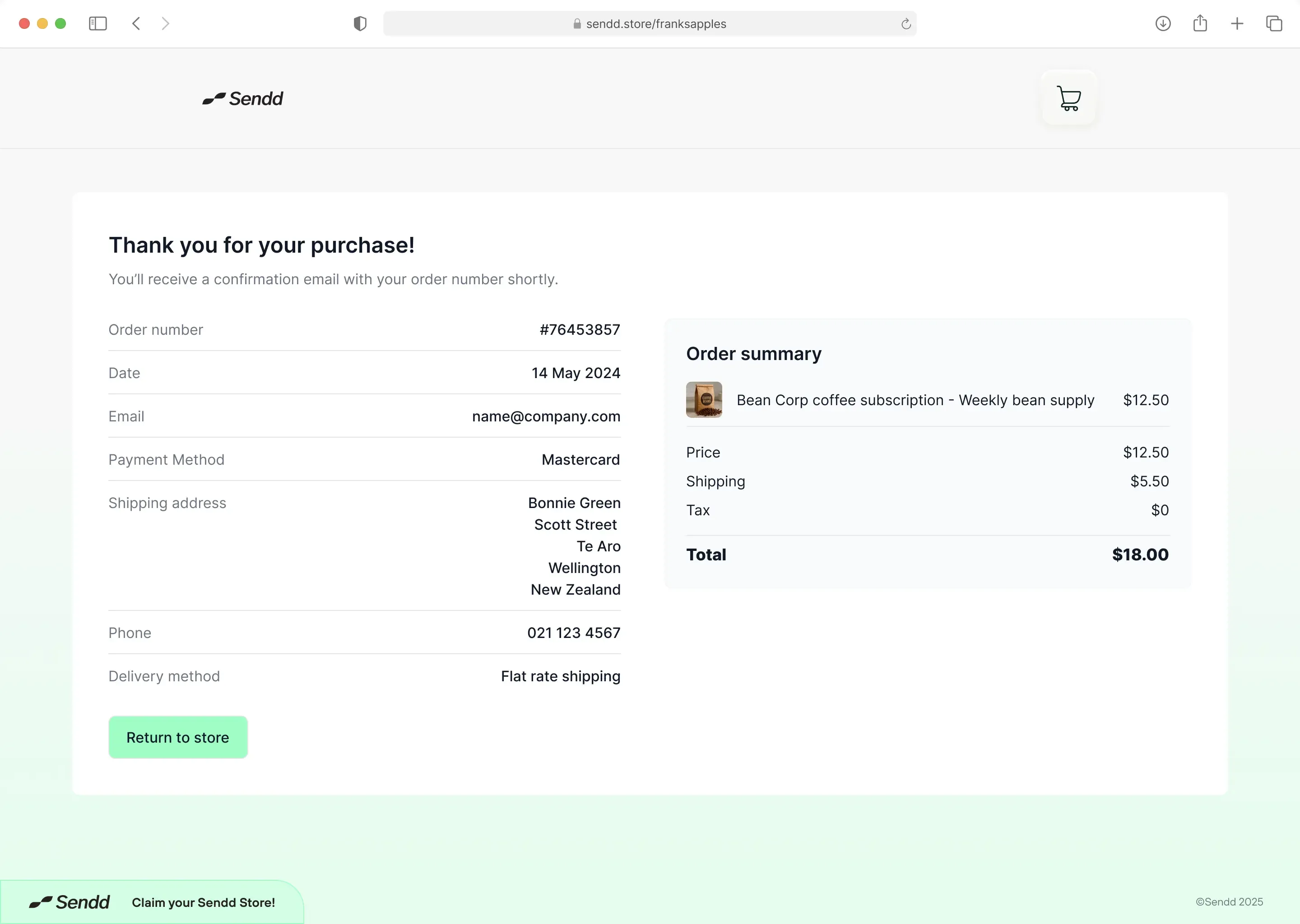 Wireframe screen showing the purchase confirmation screen summarising an order