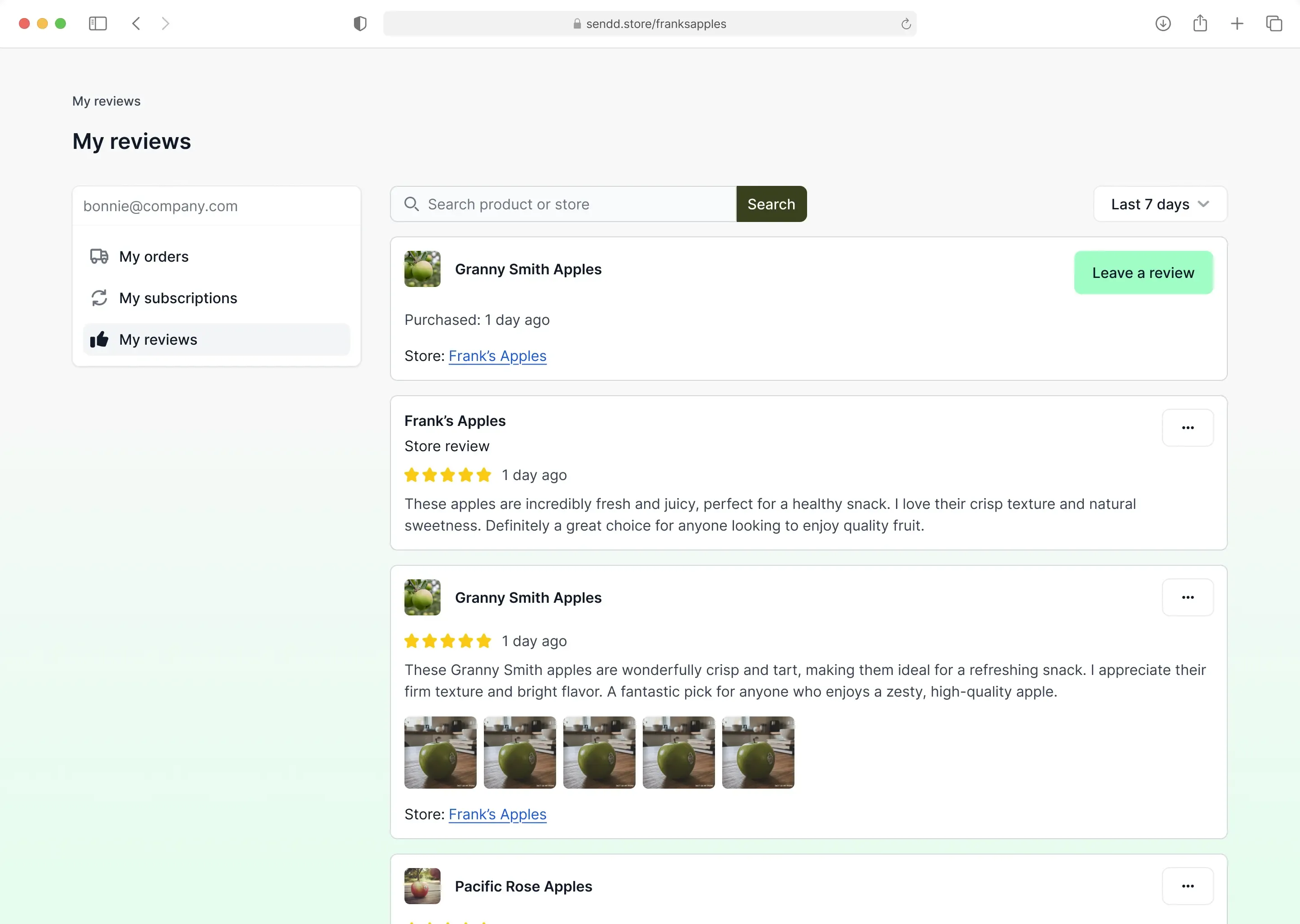Wireframe screen showing a history of reviews and a call to action to leave a new review