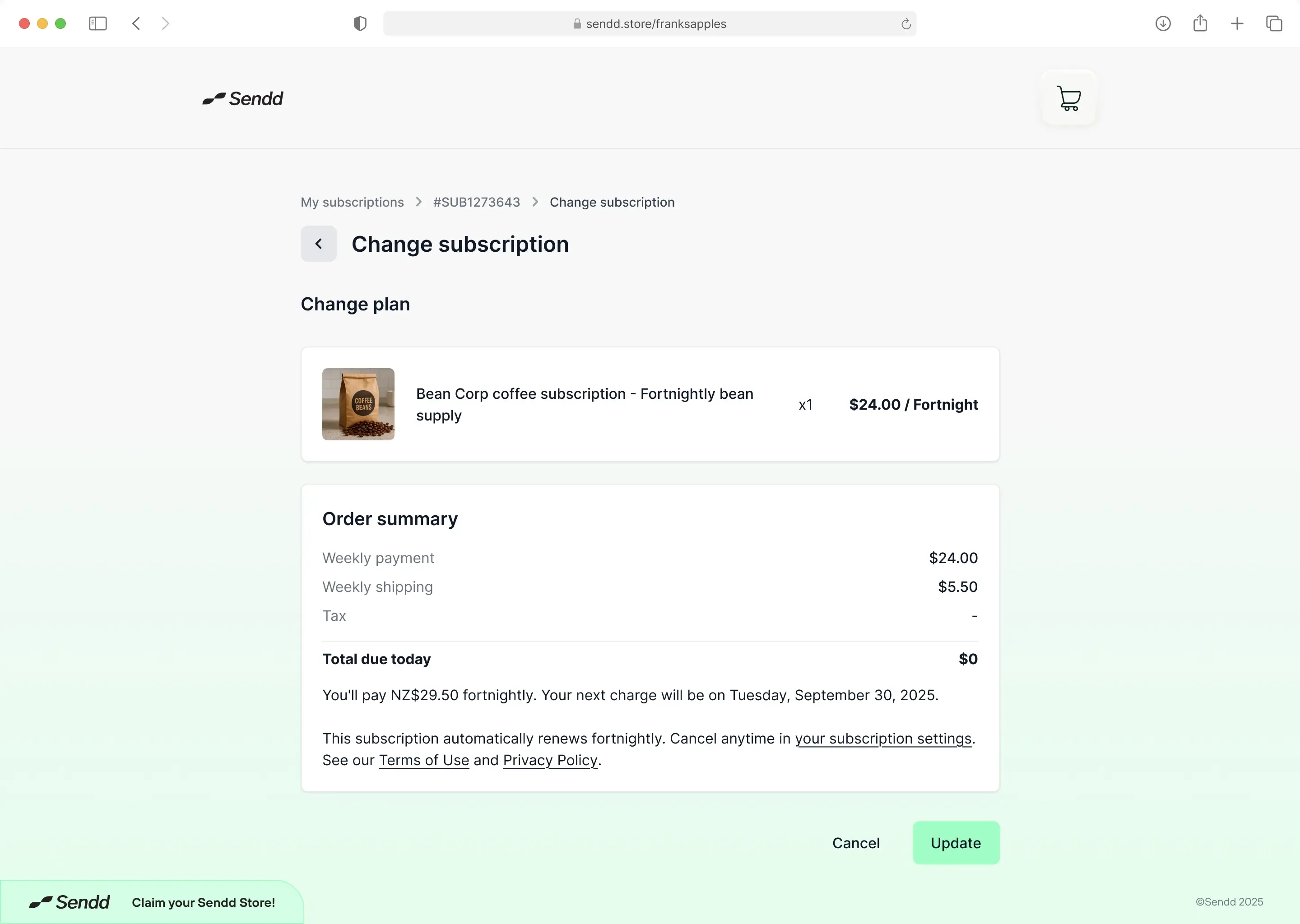 Wireframe screen showing a subscription with options to make changes